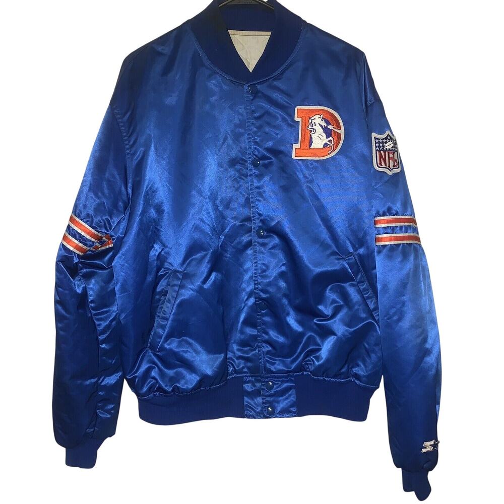 Vintage 80s NFL Denver Broncos Starter Pro Line Blue Satin Jacket XL USA Elway